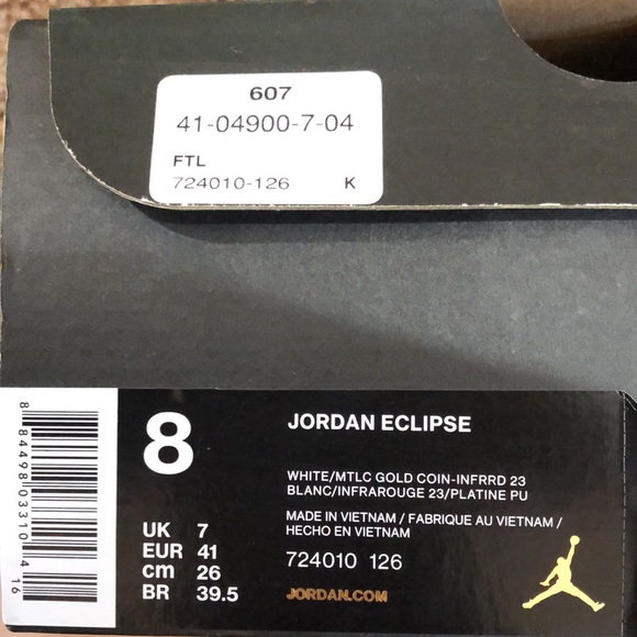 Jordan Eclipse White/Mtlc Gold, size 8 - Picture 6 of 6